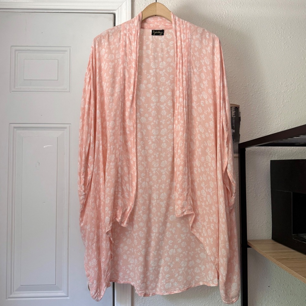 SYMBOLOGY pink white floral gauze drapes swim cover up duster kimono cardigan